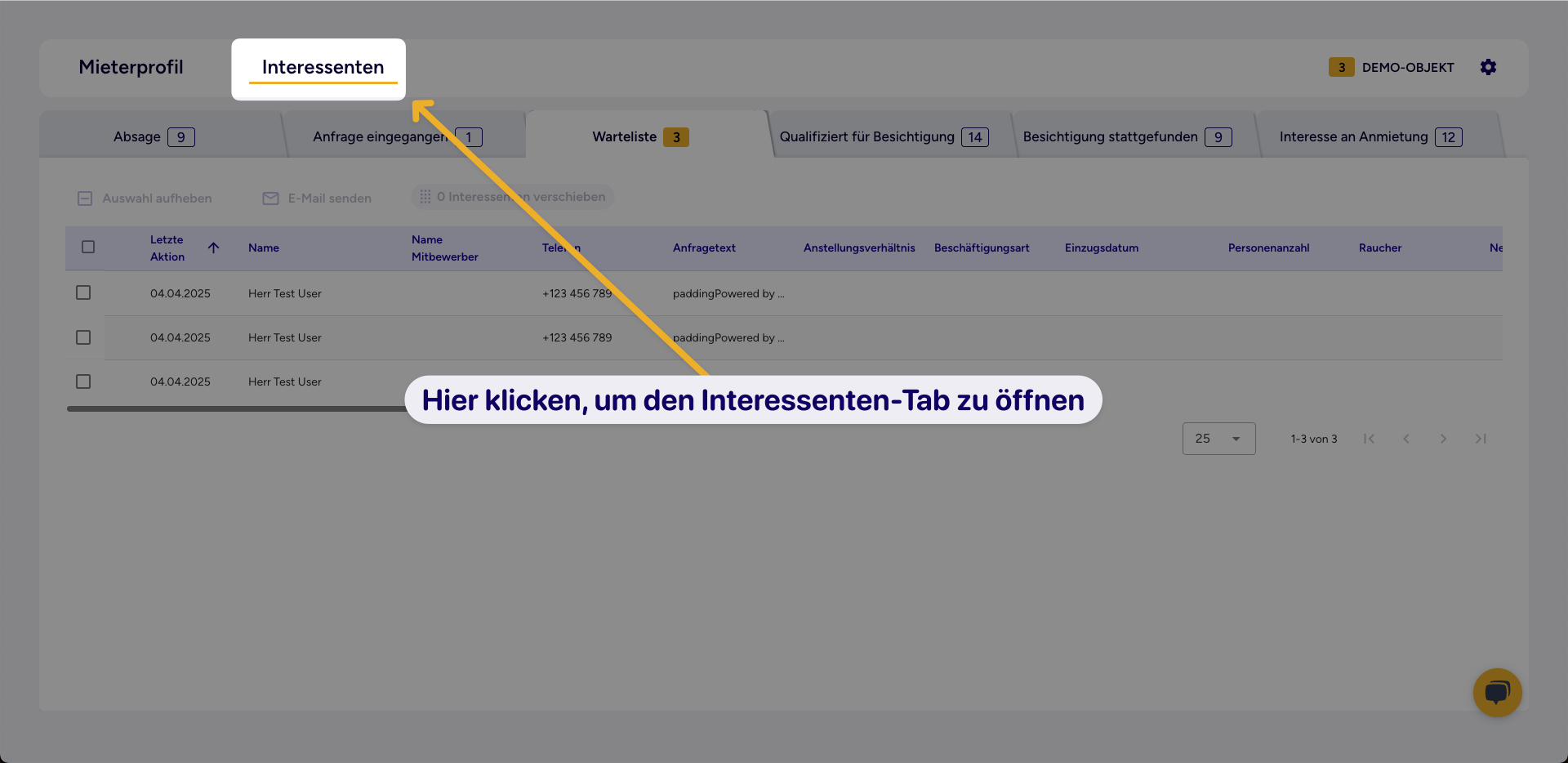 Übersicht des Interessentenreiters im Vermietungsagent