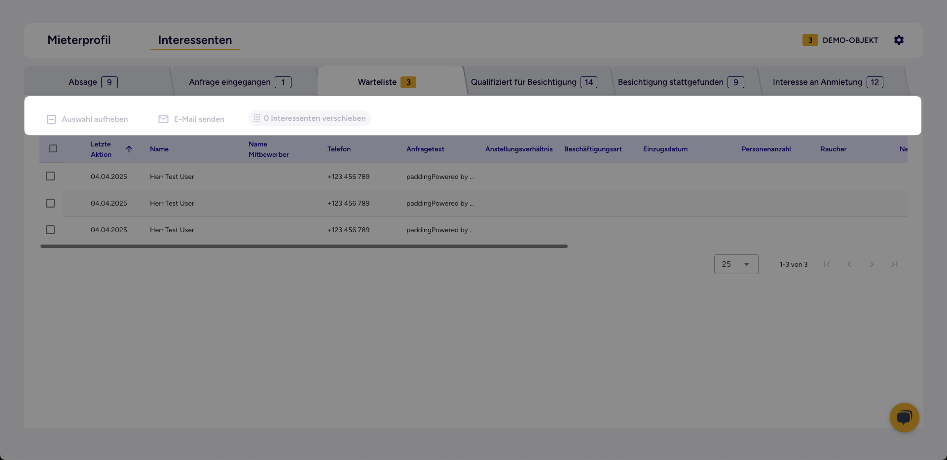 Optionsleiste mit den vier Aktions-Buttons