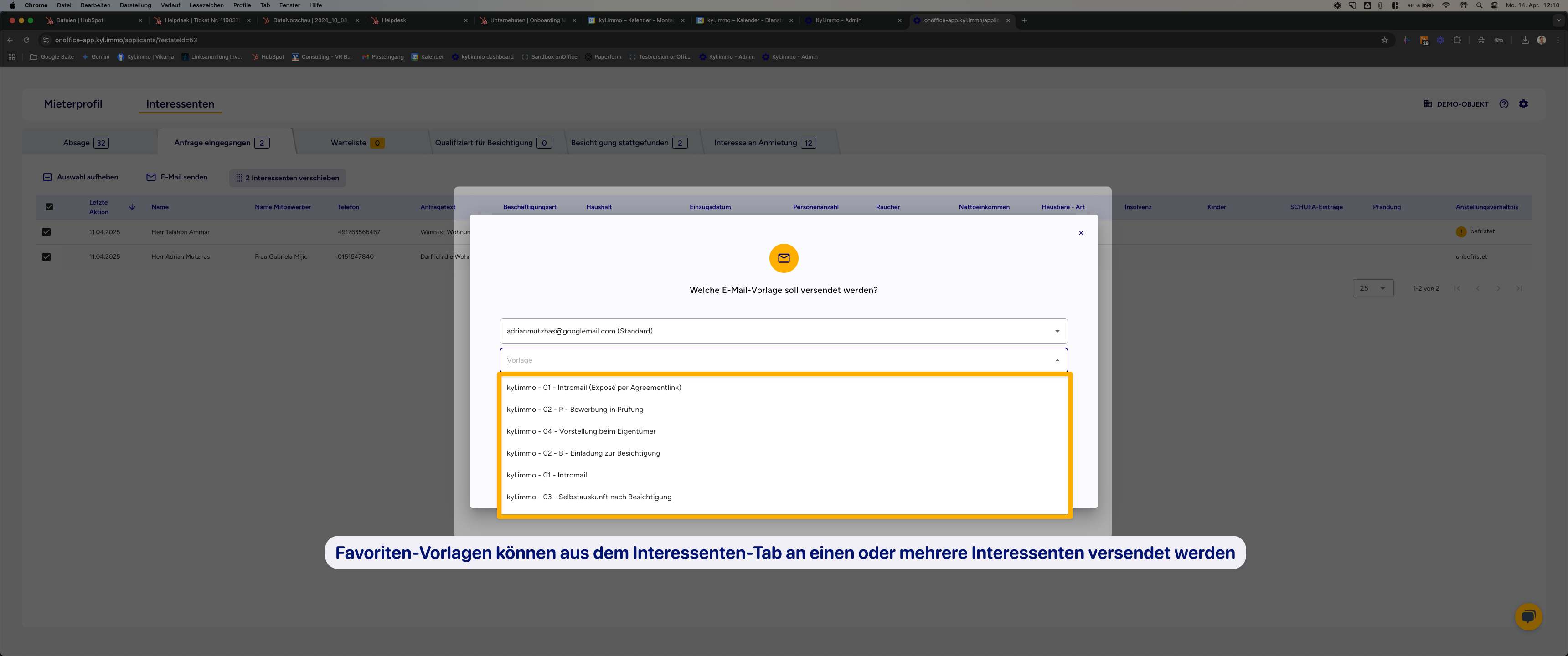 E-Mail-Versandfenster mit Auswahl der Favoriten-Vorlage