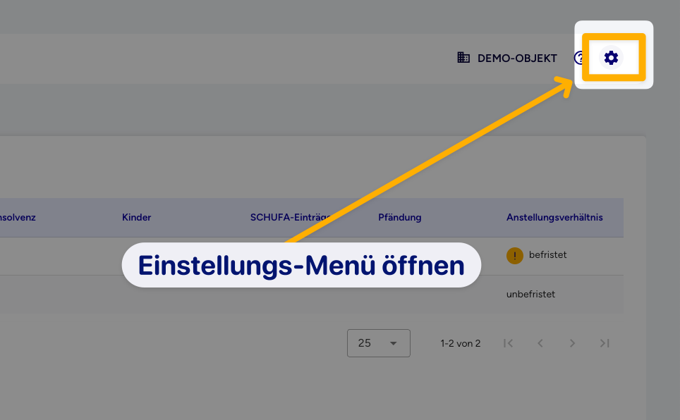 Zahnrad-Symbol oben rechts im Vermietungs-Agent