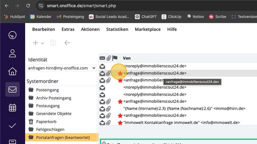 Beispiel: rote Sterne und Fehlermeldung im onOffice-Posteingang
