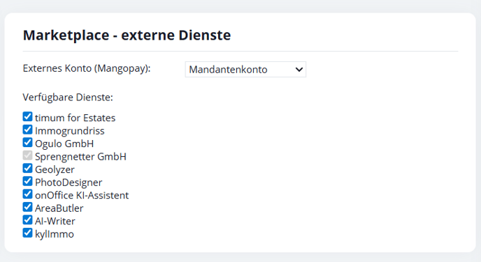 Marketplace – externe Dienste: Einstellung „Externes Konto (Mangopay)“ auf „Mandantenkonto“