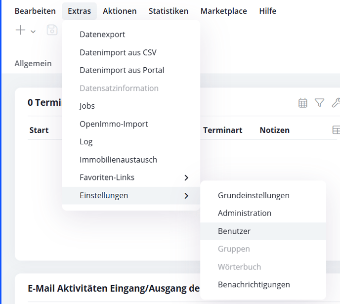 onOffice: Extras → Einstellungen → Benutzer öffnen