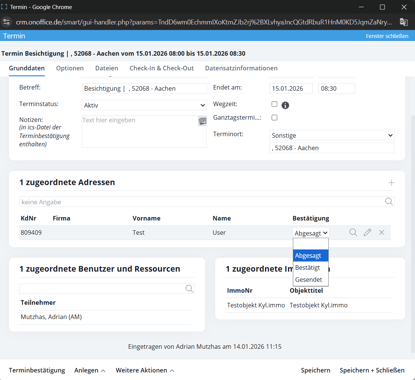 onOffice: Status des Interessenten im Termin auf „Abgesagt“ setzen