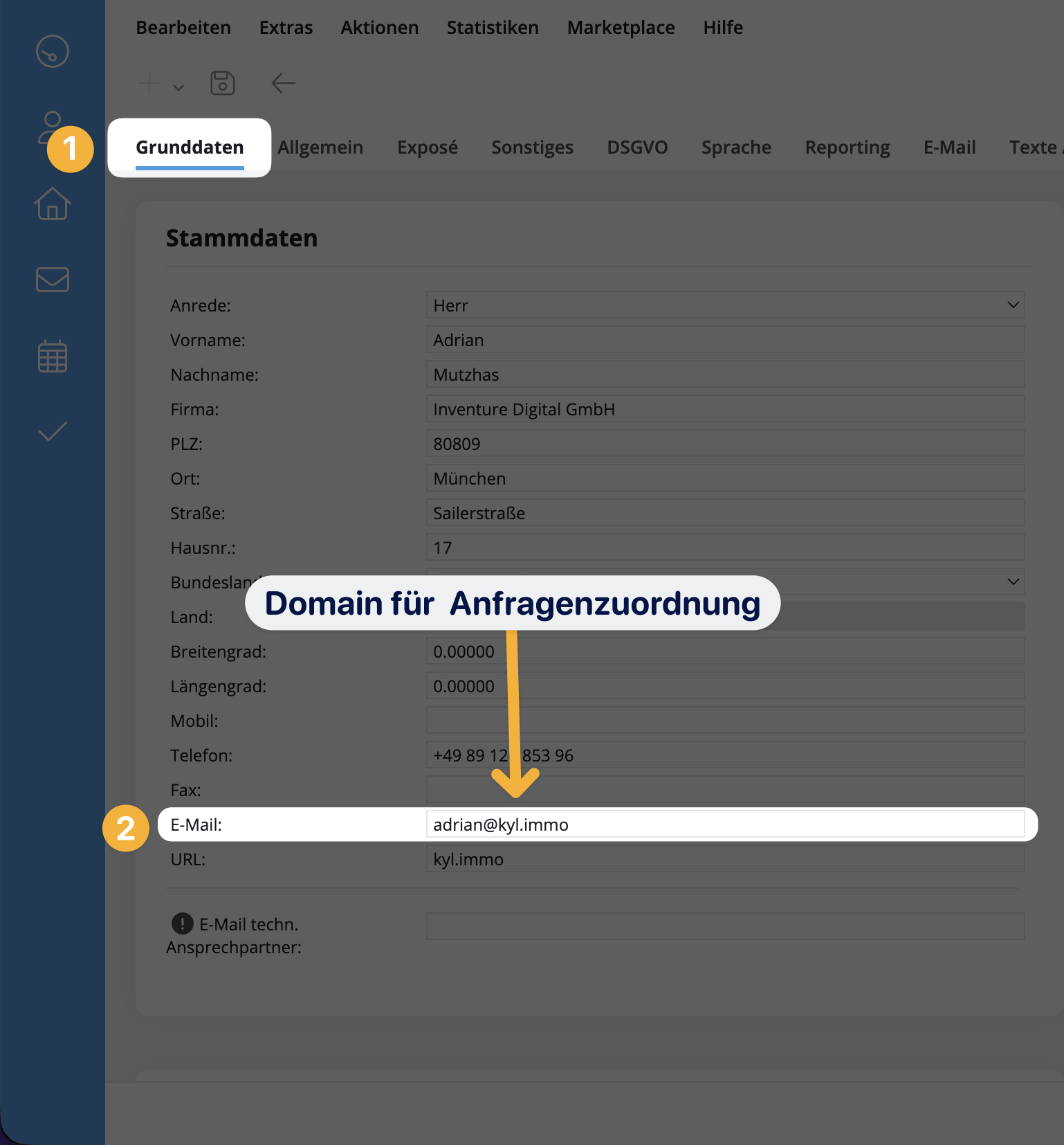 Quelle der Domain: E-Mail-Adresse des onOffice-Systembenutzers in den Grunddaten