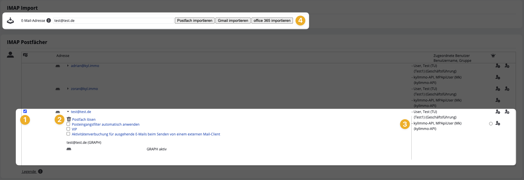 onOffice-Postfach-Management: IMAP Import oben, IMAP Postfächer mit „Postfach lösen