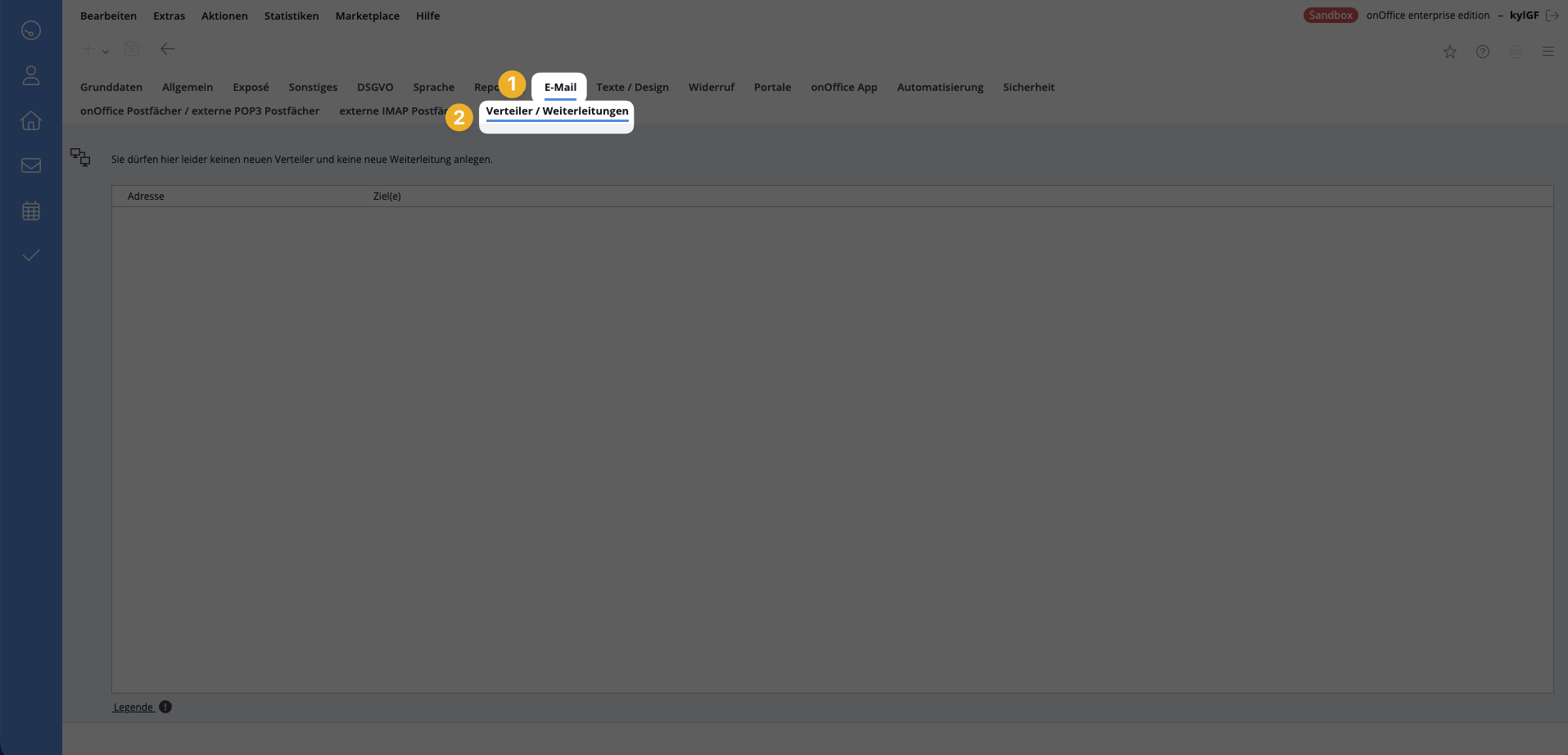 onOffice User-Einstellungen: E-Mail-Tab → Reiter „Verteiler / Weiterleitungen“