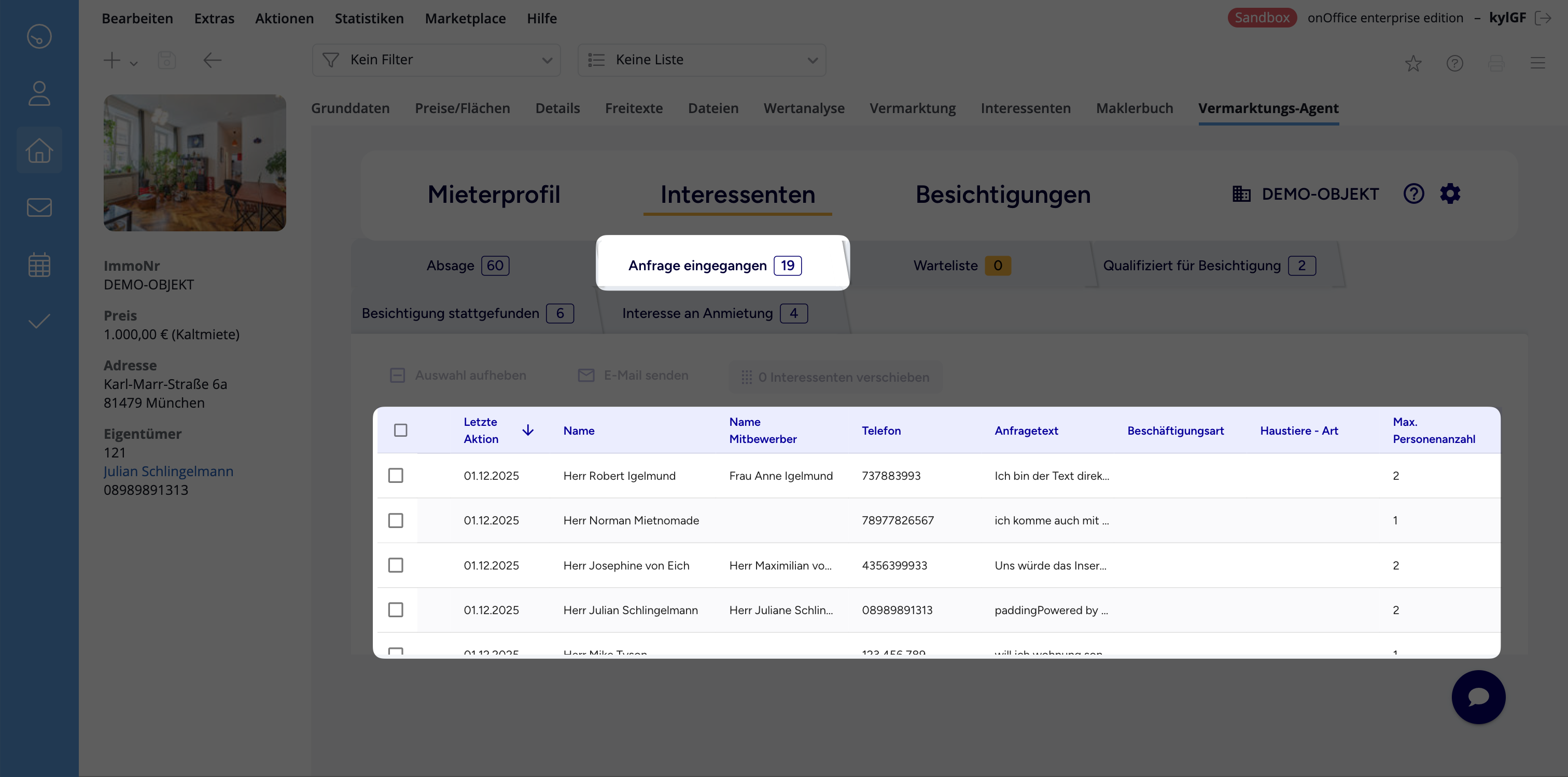 Interessentenliste mit neu erkannten Portalanfragen