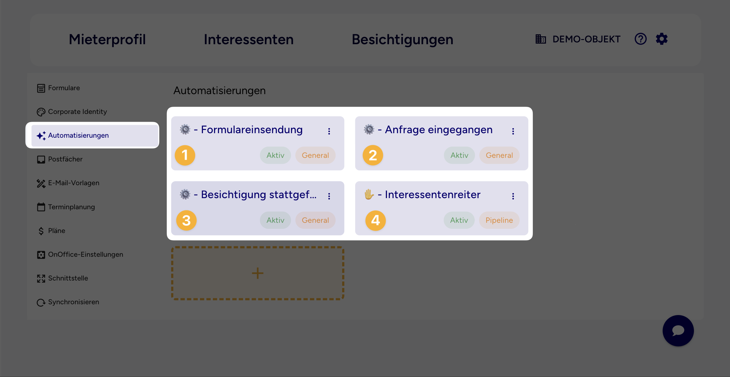 Automatisierungen-Übersicht: alle Auto-Kacheln (General + Pipeline) mit Aktiv-Badge